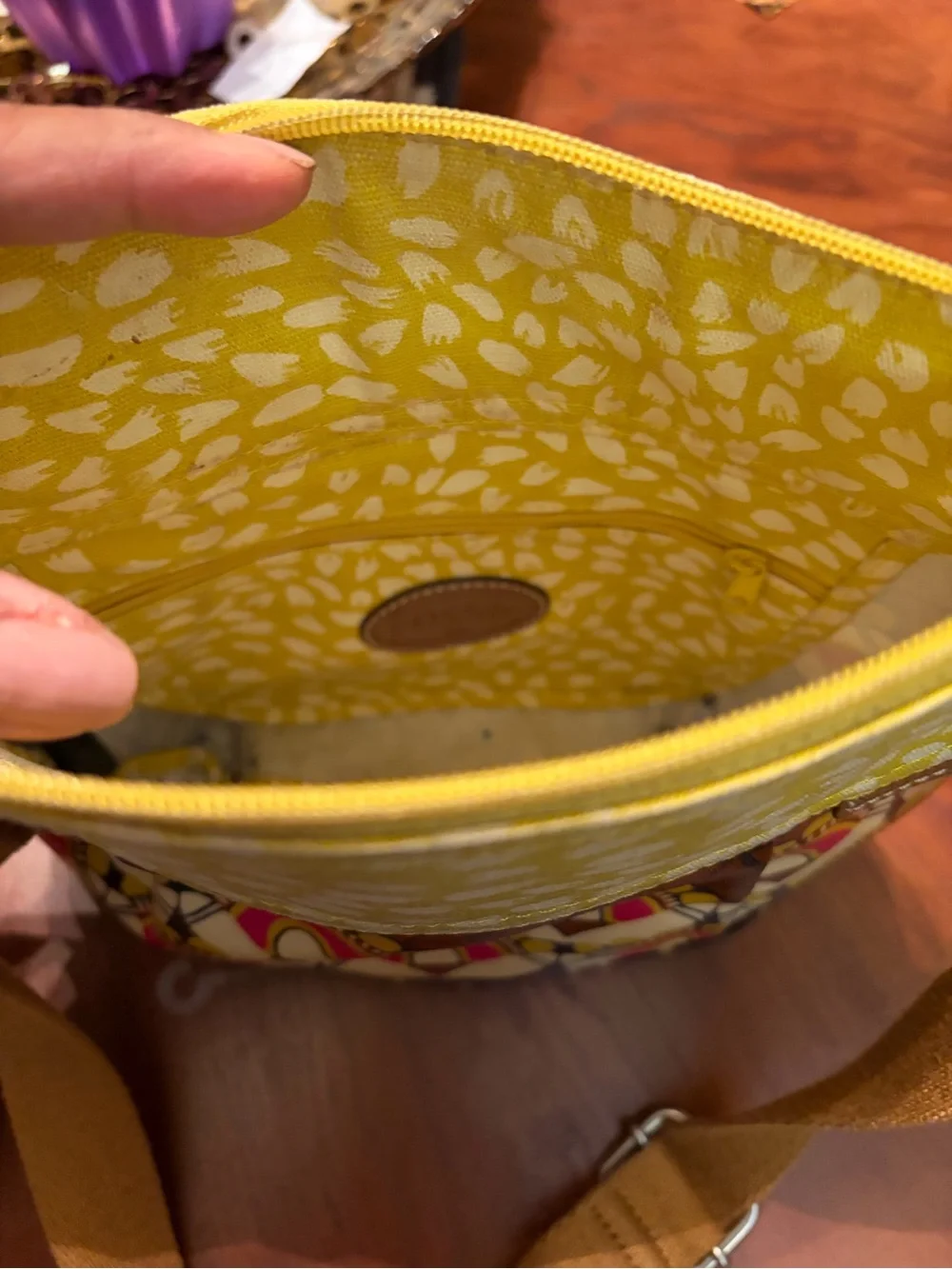 Fossil Yellow Patterned Canvas Hobo with Tan Strap